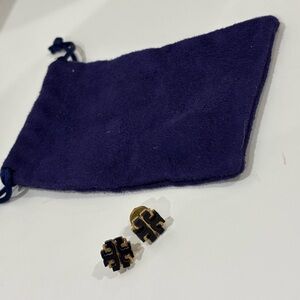 Tory Burch Gold and Black Logo Stud Earrings